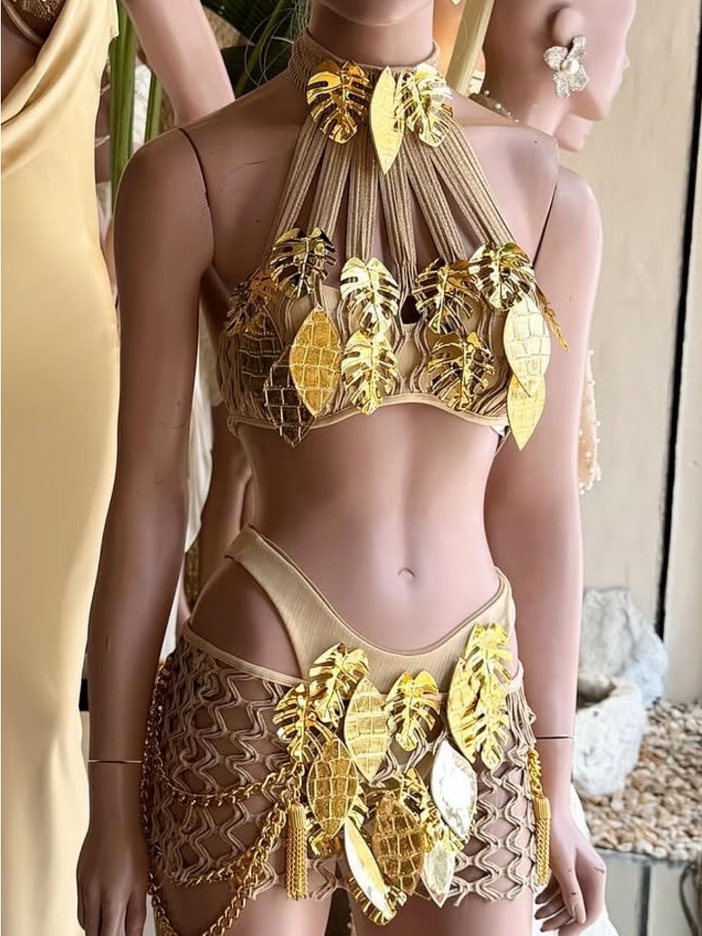 Gold Leaf Accent Halter Bikini Set - Women's Swim